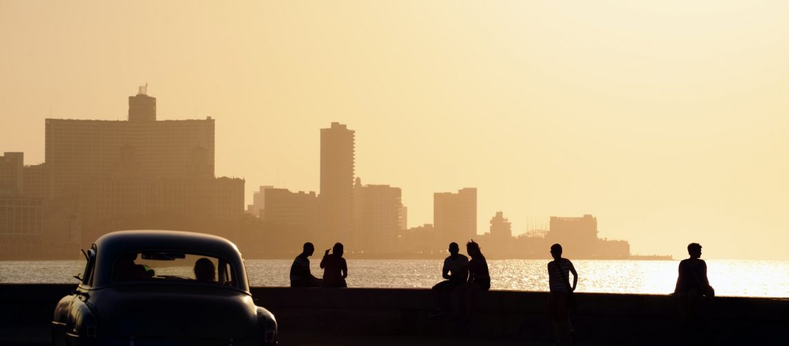 People And Skyline Of La Habana Cuba At Sunset